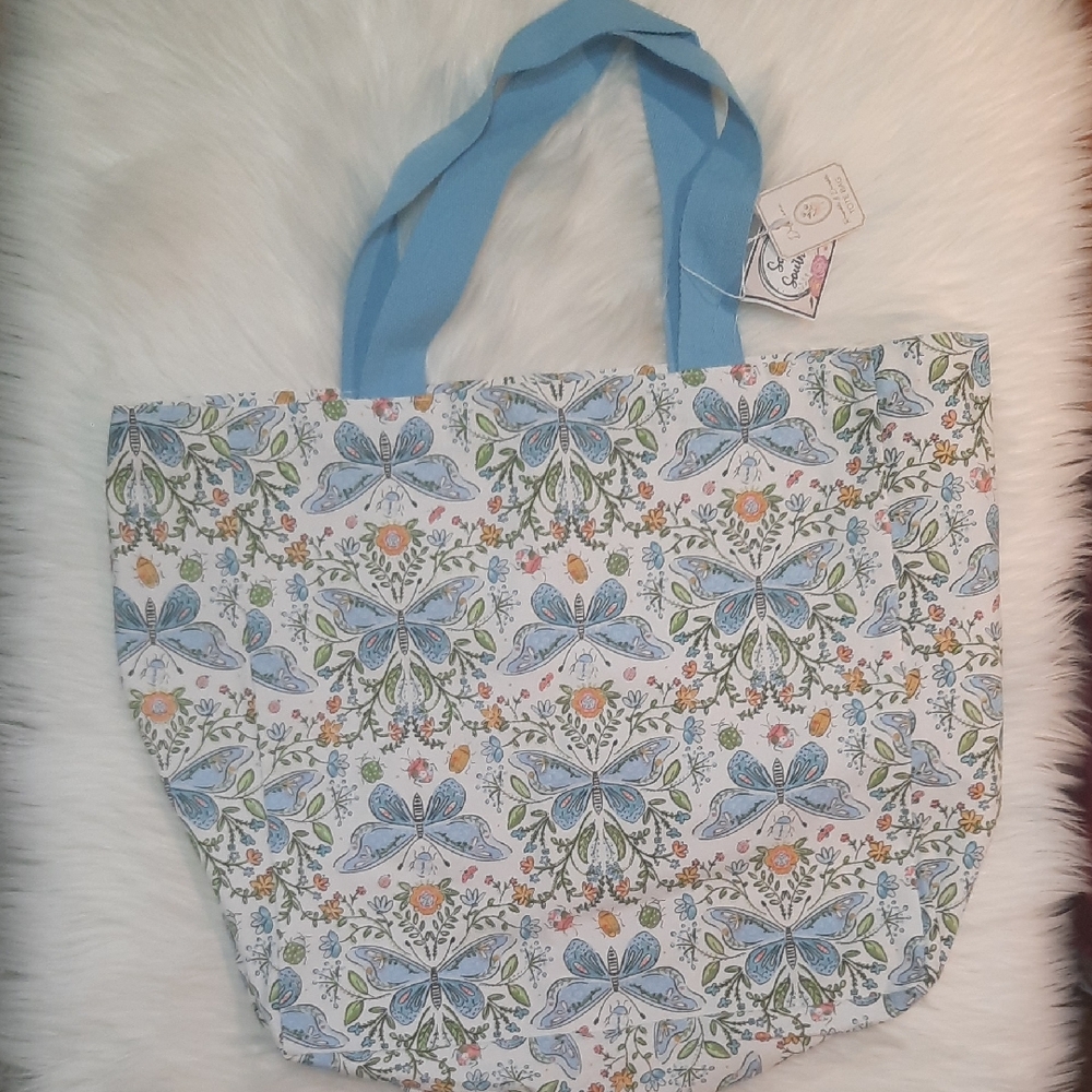Vintage Floral Canvas Tote with Blue Handles